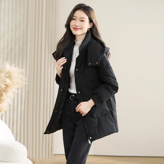 丝柏舍 连帽宽松中长款休闲保暖简约小个子纯色长袖棉服 女款 黑色