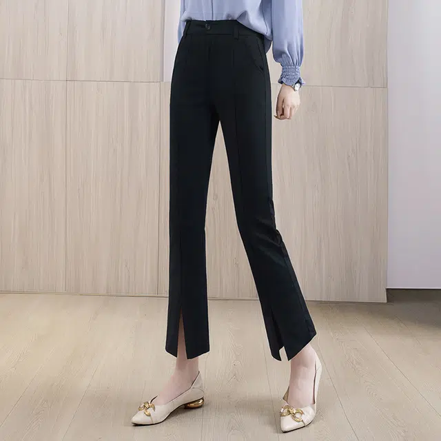丝柏舍 纯色修身微喇裤简约开叉显瘦九分休闲裤 女款 黑色