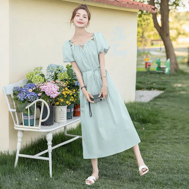 丝柏舍 小清新圆领泡泡袖气质短袖连衣裙 女款
