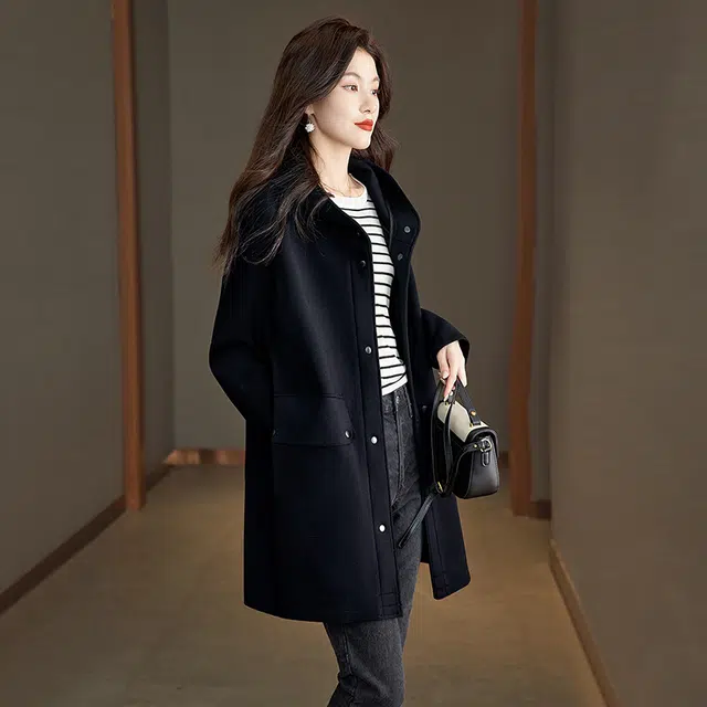 丝柏舍 简约休闲舒适连帽中长款大衣 女款 黑色