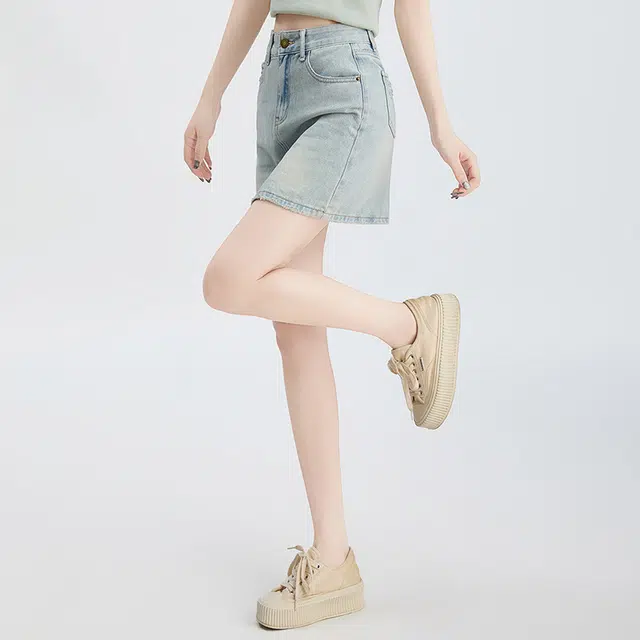丝柏舍 简约水洗磨破口袋设计小个子牛仔短裙 女款 浅蓝色