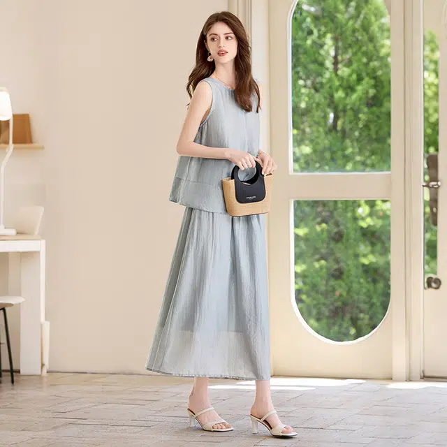 她池 休闲背心搭半身裙两件套正反两穿裙装套装 女款