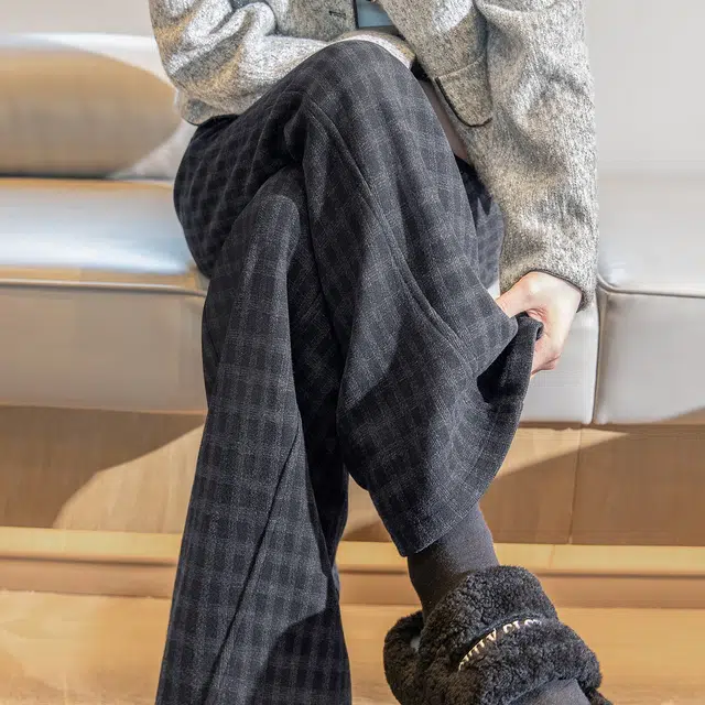 丝柏舍 拼色格纹抽绳松紧高腰长款阔腿复古宽松款休闲裤 女款