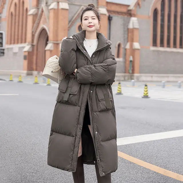 丝柏舍 纯色百搭长款连帽简约休闲羽绒服 女款 灰咖色