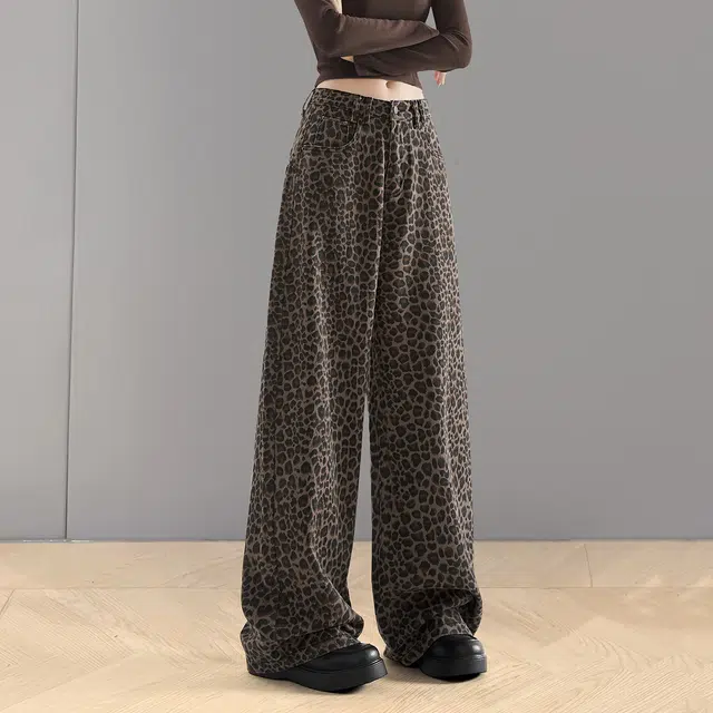 她池 文艺复古风高腰长款水洗阔腿牛仔裤 女款 豹纹