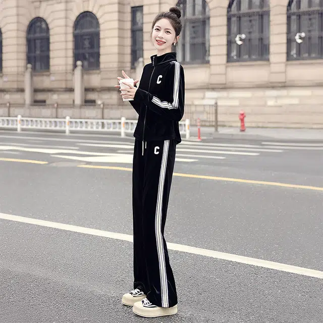 丝柏舍 高腰阔腿裤搭长袖外套条纹两件套运动休闲套装 女款 黑色
