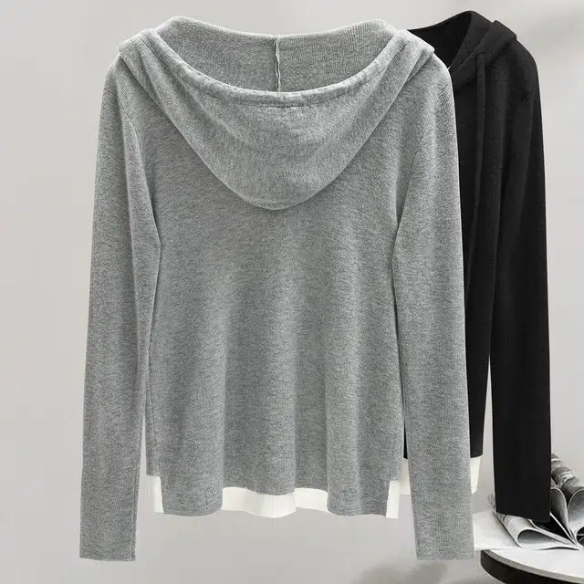 丝柏舍 修身连帽休闲撞色拼接假两件纽扣装饰套头正肩长袖针织衫 女款