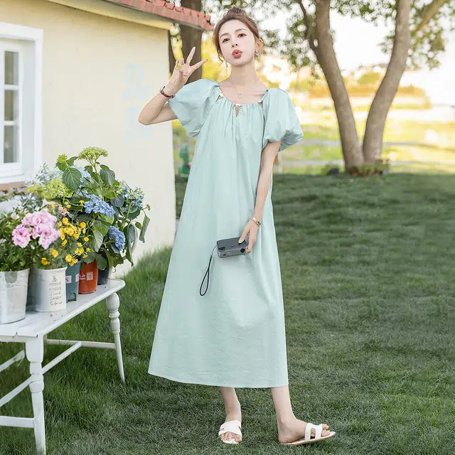 丝柏舍 小清新圆领泡泡袖气质短袖连衣裙 女款