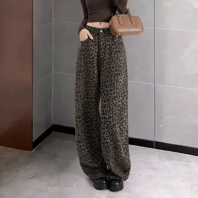 她池 文艺复古风高腰长款水洗阔腿牛仔裤 女款 豹纹