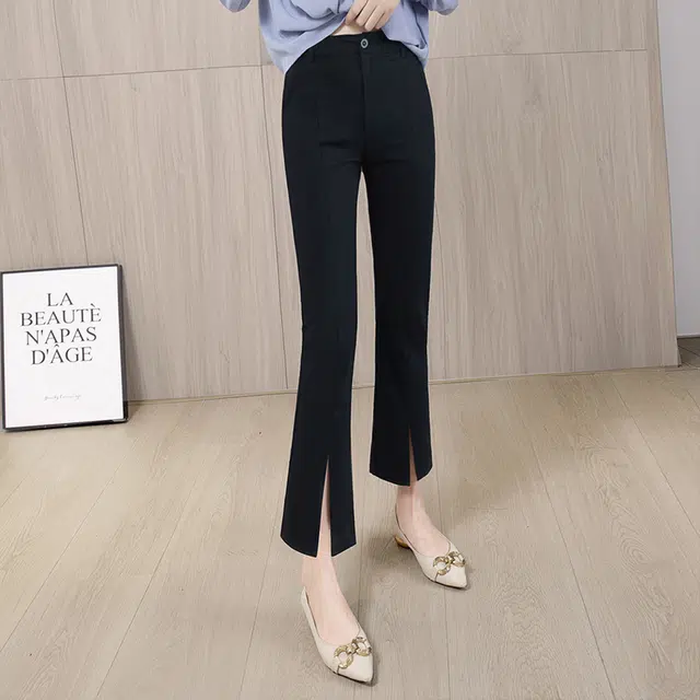 丝柏舍 纯色修身微喇裤简约开叉显瘦九分休闲裤 女款 黑色