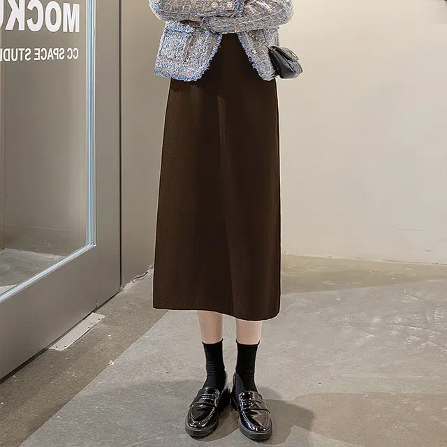 丝柏舍 高腰纯色显瘦半身裙中长款简约开叉休闲长裙 女款
