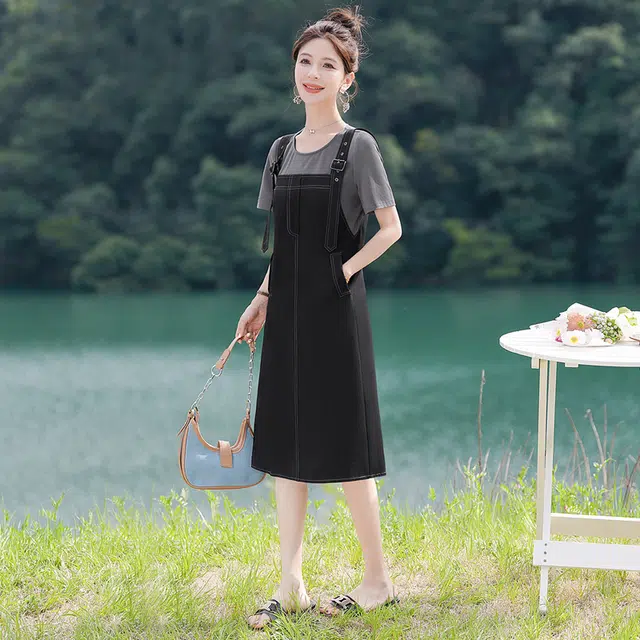 丝柏舍 假两件拼接拼色简约修身短袖连衣裙 女款 上浅灰下黑