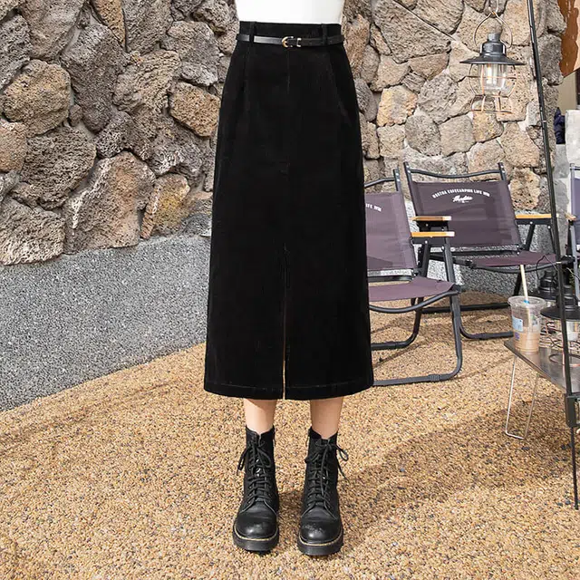丝柏舍 纯色简约高腰开叉复古气质休闲长裙 女款 黑色