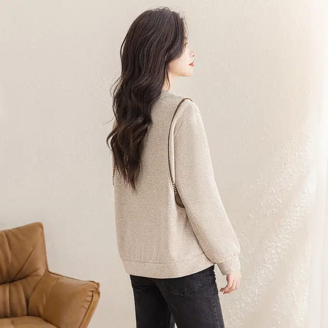 丝柏舍 圆领拼色纽扣设计套头休闲宽松款落肩长袖简约通勤卫衣 女款