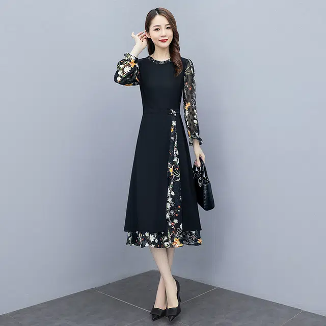 丝柏舍 拼接开叉印花中长裙木耳边假两件修身长袖连衣裙 女款 黑色