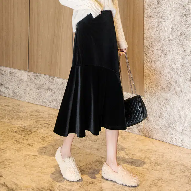 丝柏舍 复古丝绒纯色半身裙高腰显瘦拼接中长款休闲长裙 女款 黑色