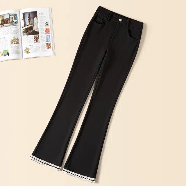 她池 设计感撞色拼接花边高腰长款微喇休闲裤 女款 黑色