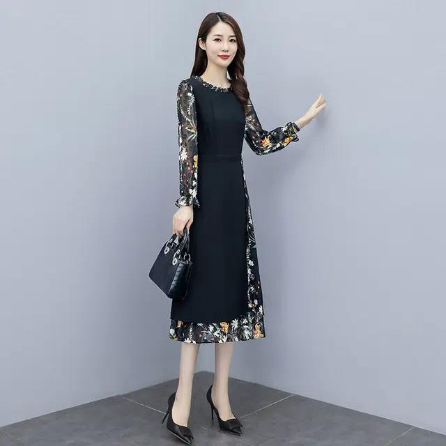 丝柏舍 拼接开叉印花中长裙木耳边假两件修身长袖连衣裙 女款 黑色