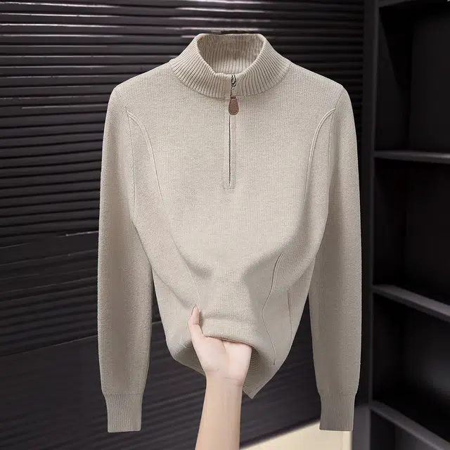 她池 通勤简约风纯色半拉链套头修身正肩长袖针织衫 女款 燕麦色