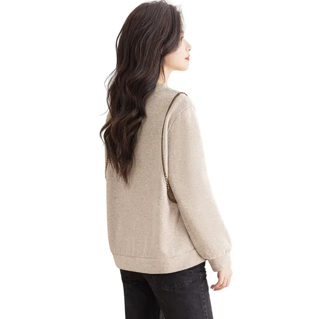 丝柏舍 圆领拼色纽扣设计套头休闲宽松款落肩长袖简约通勤卫衣 女款