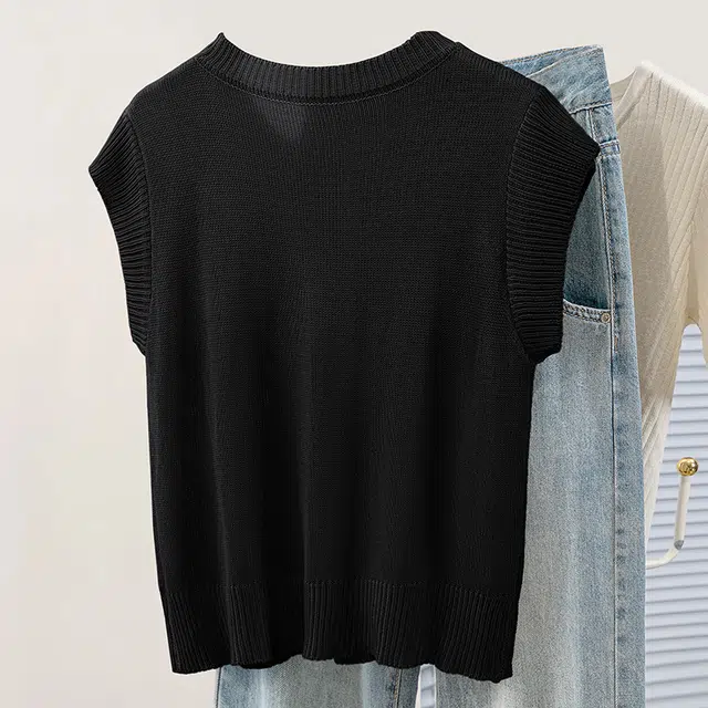 丝柏舍 小清新薄款圆领套头纯色短款通勤简约风短袖针织衫 女款