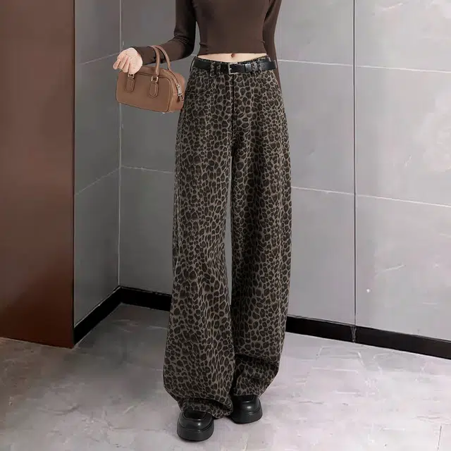 她池 文艺复古风高腰长款水洗阔腿牛仔裤 女款 豹纹