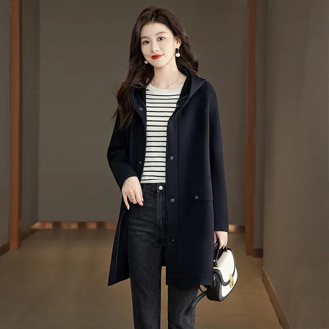 丝柏舍 简约休闲舒适连帽中长款大衣 女款 黑色
