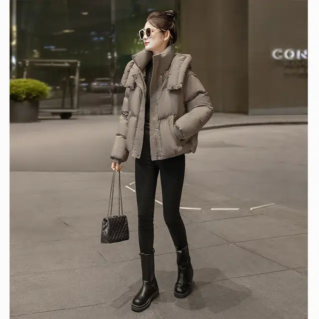 丝柏舍 短款连帽纯色宽松保暖简约长袖棉服 女款 深咖色