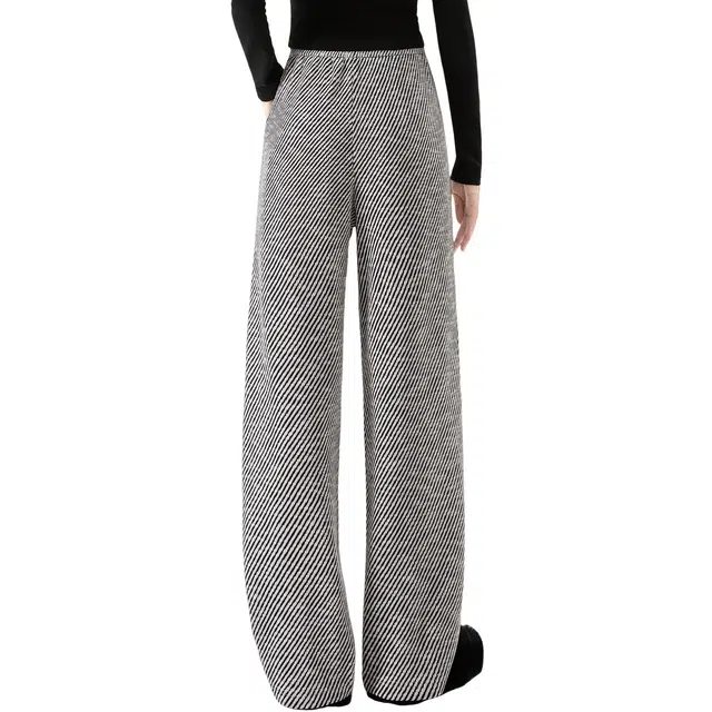 她池 通勤简约撞色条纹抽绳松紧腰长款休闲裤 女款 黑白斜纹