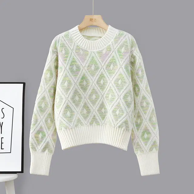 她池 甜美宽松圆领撞色落肩长袖套头上衣毛衣 女款