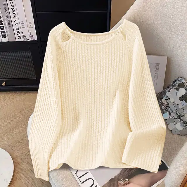 她池 优雅气质镂空设计纯色圆领套头插肩长袖毛衣 女款