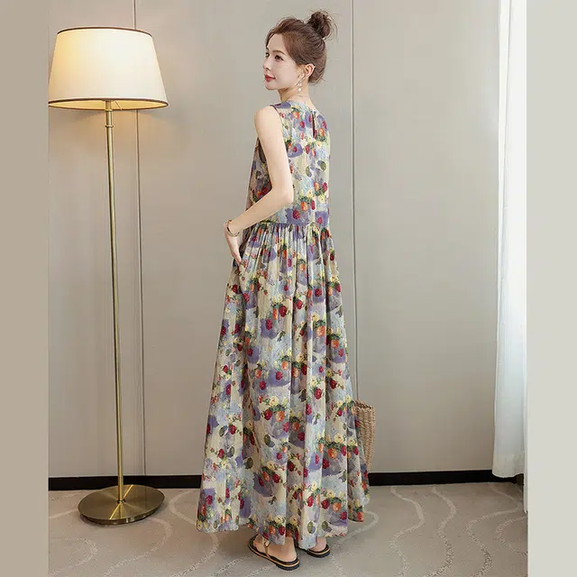 丝柏舍 油画风圆领气质长款度假撞色气质无袖连衣裙 女款 蓝黄