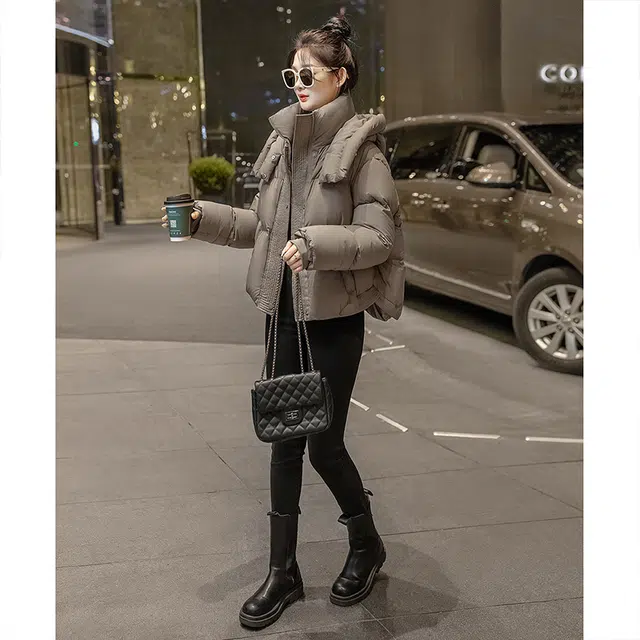 丝柏舍 短款连帽纯色宽松保暖简约长袖棉服 女款 深咖色