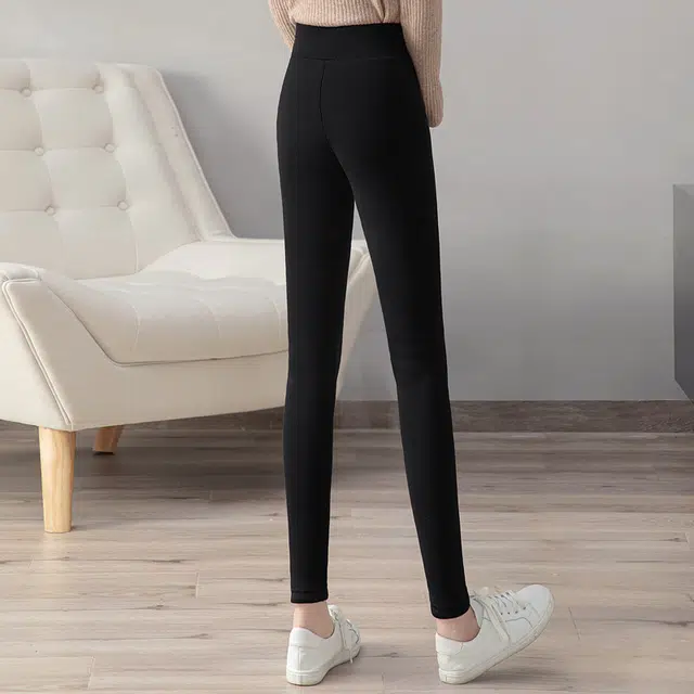 丝柏舍 卡通图案加绒松紧高腰九分裤修身显瘦简约打底裤 女款 黑色