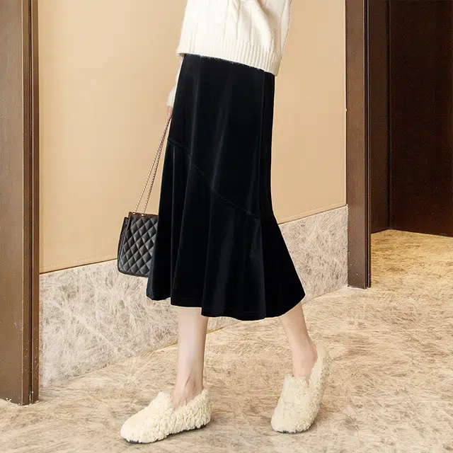 丝柏舍 复古丝绒纯色半身裙高腰显瘦拼接中长款休闲长裙 女款 黑色