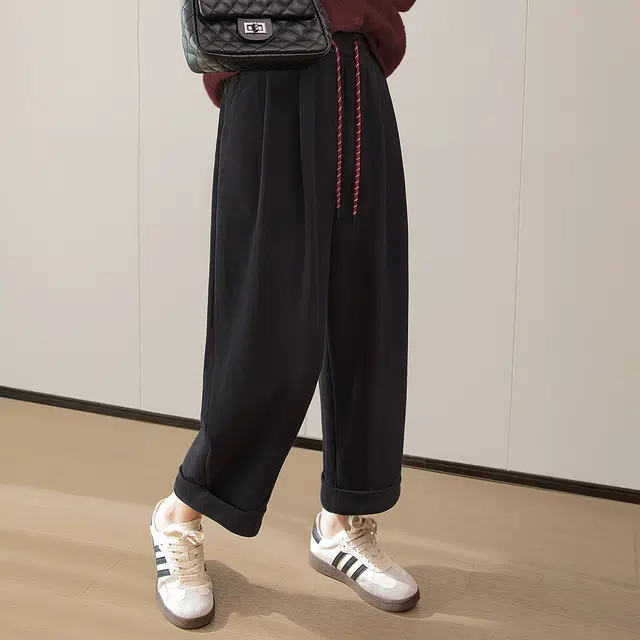 丝柏舍 翻边撞色抽绳松紧高腰九分宽松款小个子简约休闲裤 女款