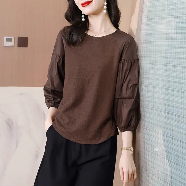 丝柏舍 拼接宽松纯色圆领后背镂空长袖衬衫 女款 咖啡色