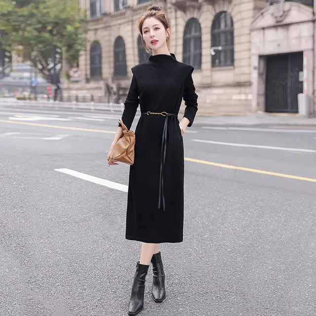 丝柏舍 开叉立领中长款纯色设计口袋修身长袖连衣裙 女款 黑色