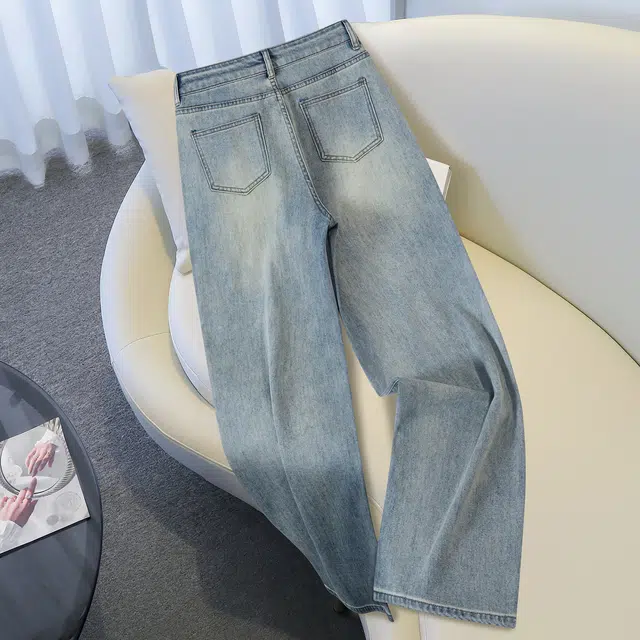 她池 港风做旧水洗高腰休闲风长款直筒牛仔裤 女款