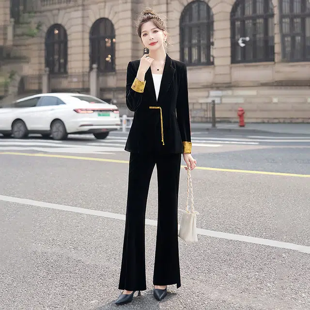 丝柏舍 撞色翻领百搭长袖外套微喇时尚纯色长裤休闲套装 女款 黑色