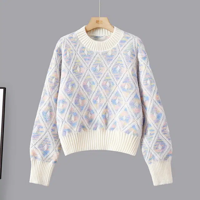 她池 甜美宽松圆领撞色落肩长袖套头上衣毛衣 女款