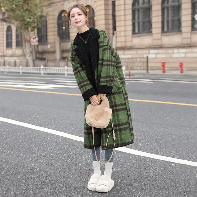 丝柏舍 英伦风翻领中长款气质外套撞色格纹长袖毛呢大衣 女款
