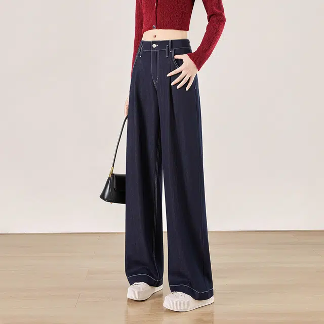 她池 通勤简约宽松款纯色高腰垂感长款阔腿休闲裤 女款