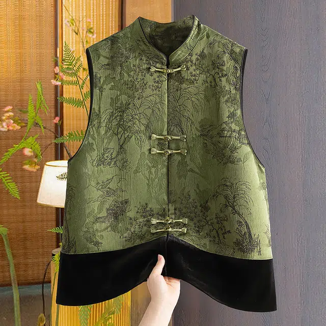 丝柏舍 单排扣盘扣新中式国风撞色拼接短款叠穿马夹立领马甲 女款