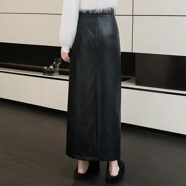 丝柏舍 高腰气质纯色半身裙不规则斜边开叉显瘦皮长裙 女款
