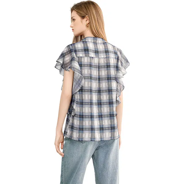 她池 学院风拼接衬衣荷叶边格子短袖衬衫 女款