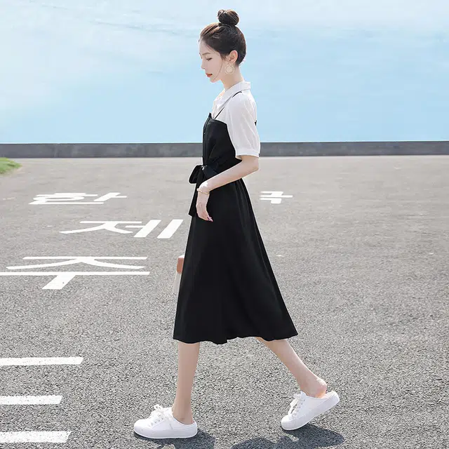 丝柏舍 撞色拼接假两件中长裙泡泡袖褶皱短袖连衣裙 女款 上白下黑