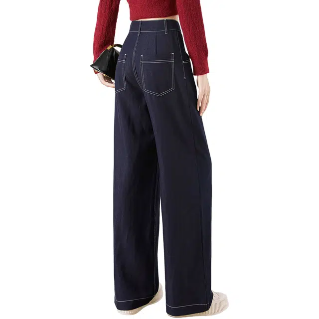 她池 通勤简约宽松款纯色高腰垂感长款阔腿休闲裤 女款