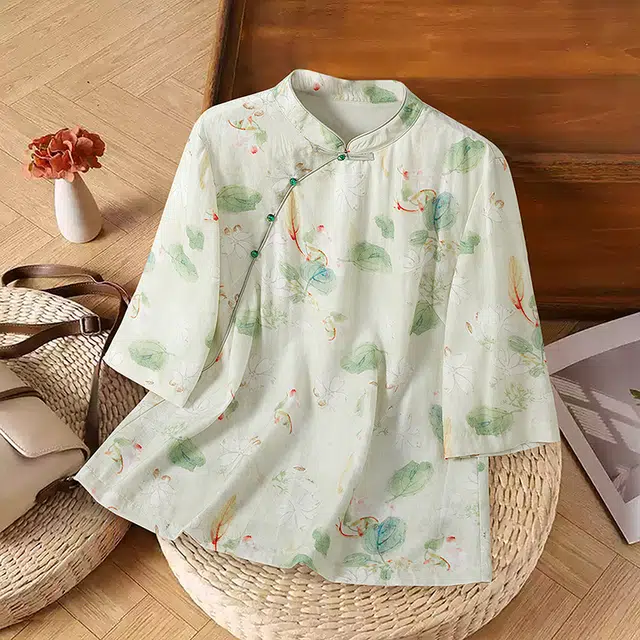 她池 复古国风宽松短袖衬衫 女款 青米色