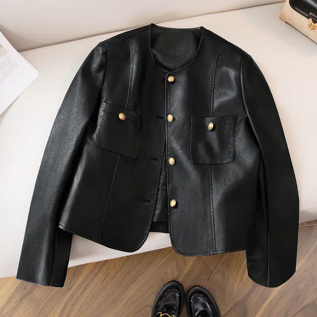 丝柏舍 宽松款简约气质机车风撞色单排扣圆领短款正肩长袖皮衣 女款